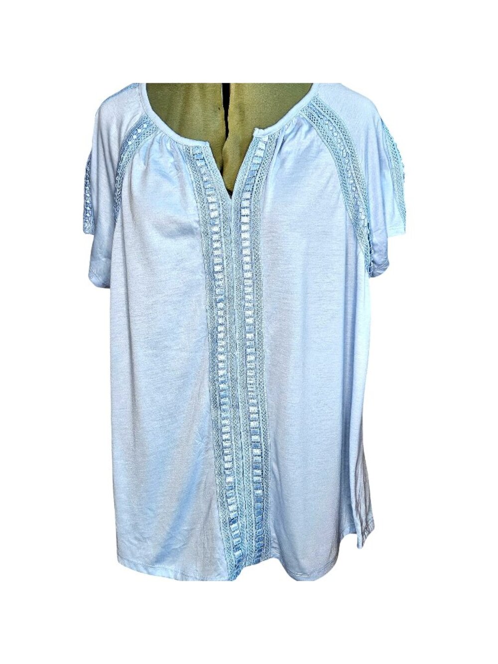 Woman's True Self light blue minimalist v-neck lace trim short sleeve top 2X